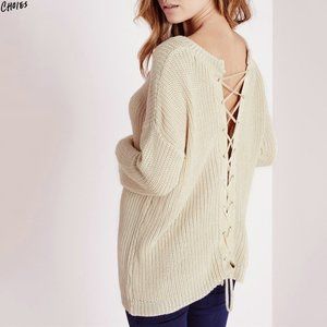 Beige Lace Up Lattice Back Ribbed Knitted Sweater Women Drop Shoulder O Neck Jum